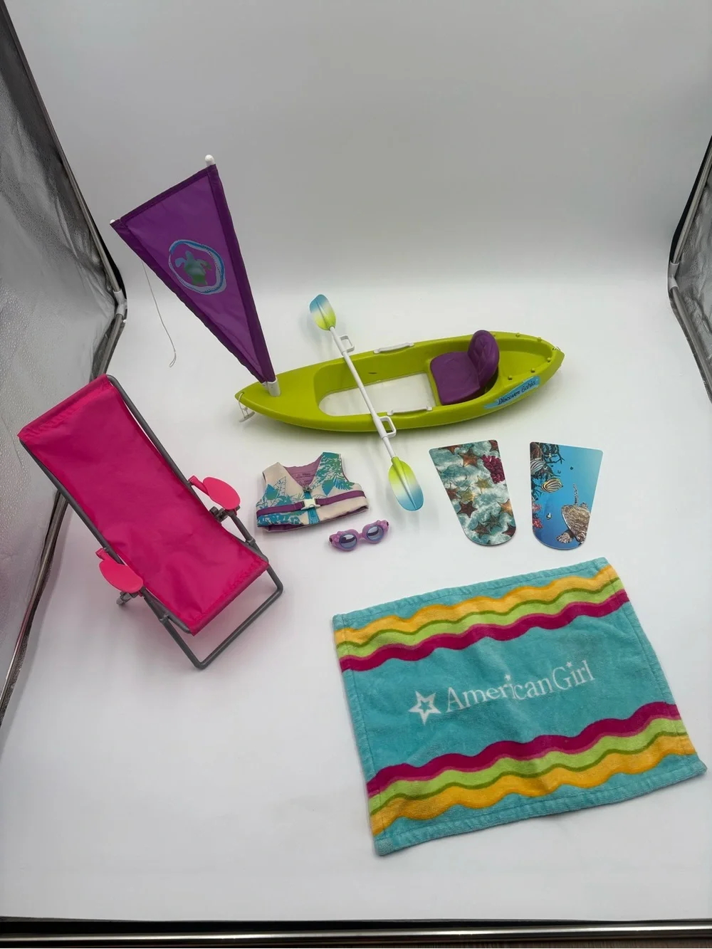 American Girl‎ Lea Ocean Kayak Set Retired Kayak Sail Paddle Chair Tow